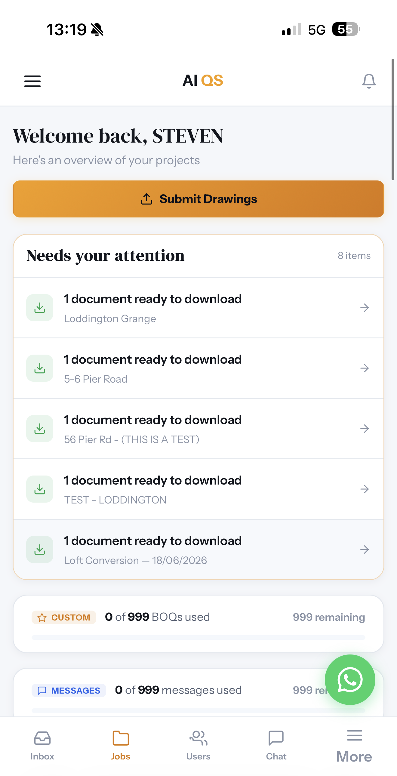 The AI QS app showing a project dashboard with documents ready to download
